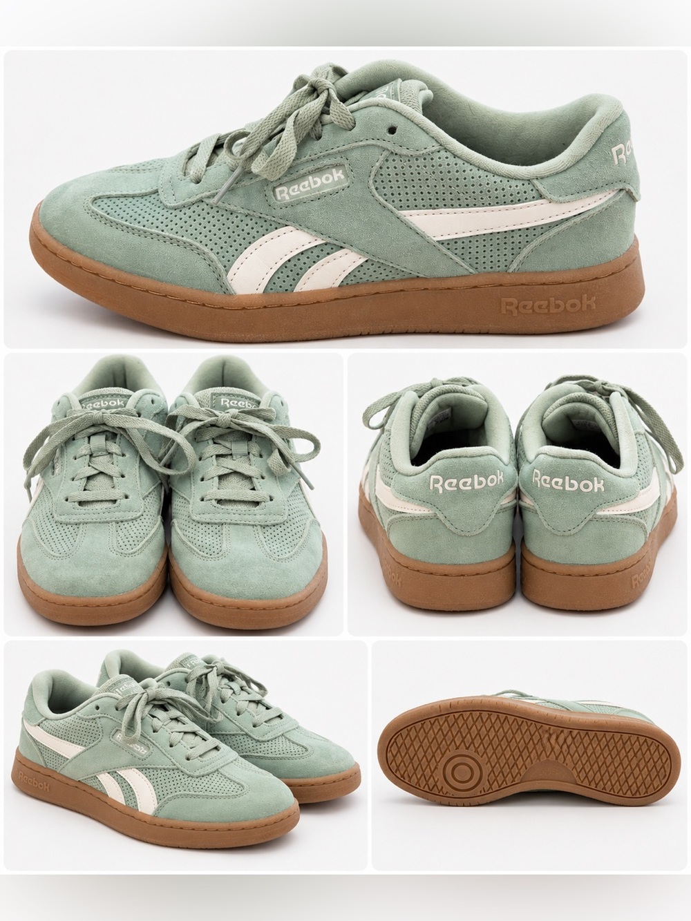 Reebok Woman’s Mint Green Suede Sneakers with White Stripes